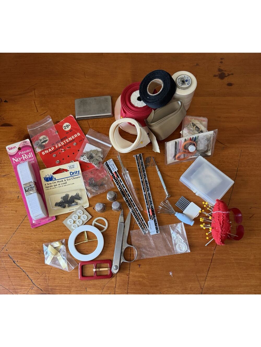 Vintage Sewing Notions Lot Tools Trims Snaps Elastic Thimble Scissor Craft Bundl